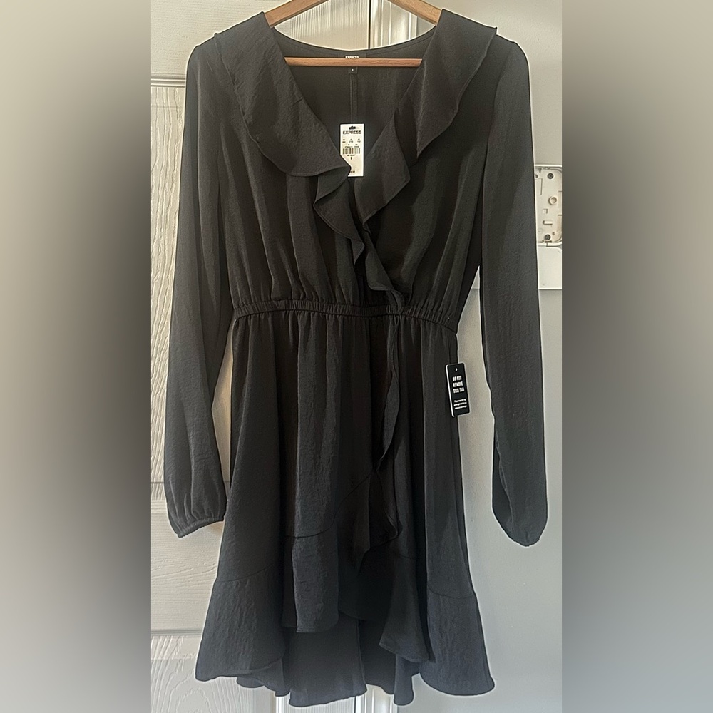 Express | Black Silky Long Sleeve Ruffle Dress | S | NWT